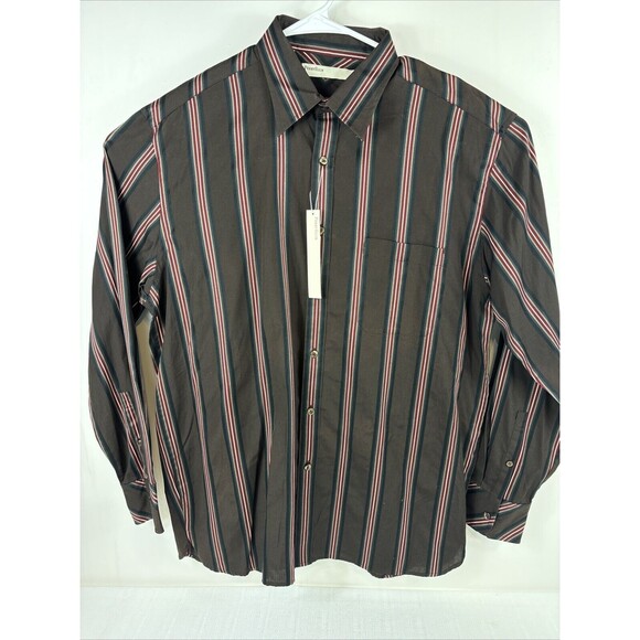 Perry Ellis Other - Perry Ellis Mens Size L Brown Stripe Button Up Shirt Long Sleeve NWT 100% Cotton